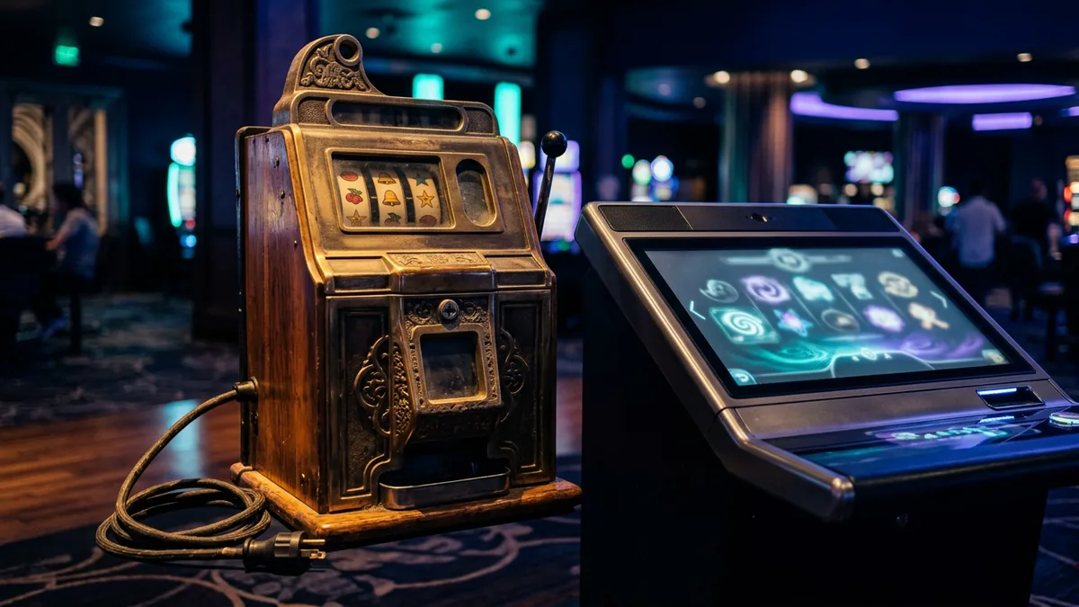 Illustrasjon av en gammel spilleautomat med frakoblet ledning ved siden av en moderne spilleterminal