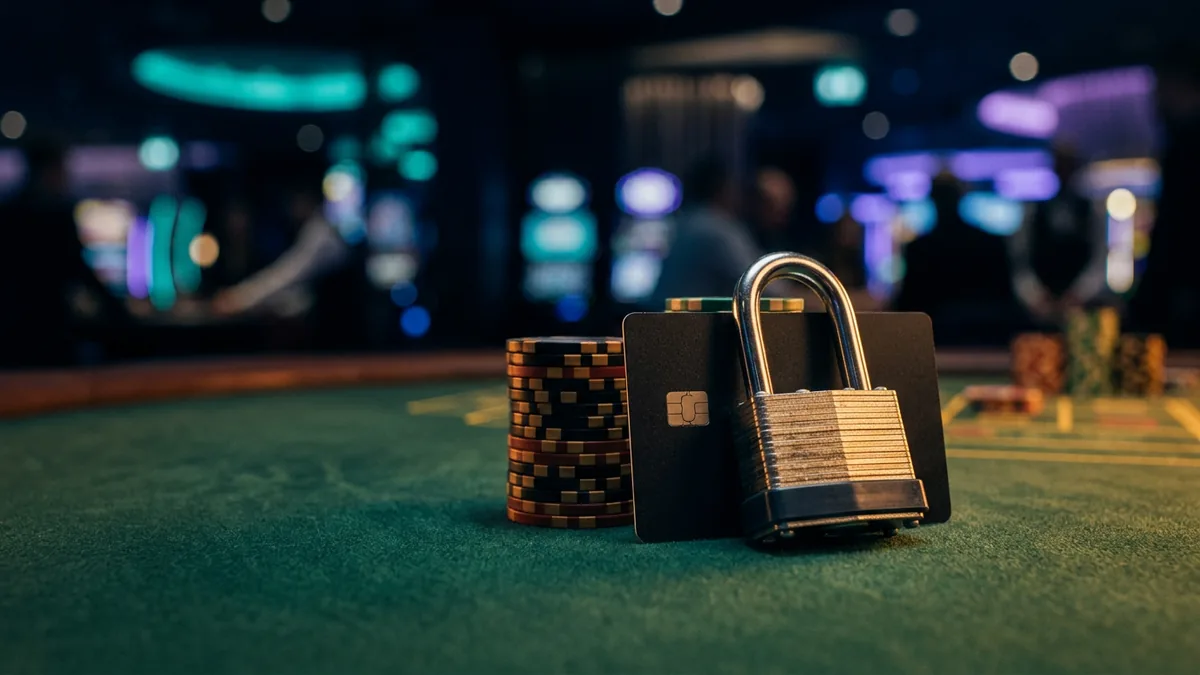 Illustrasjon av et bankkort sperret med en hengelås foran en stabel med casinosjetonger