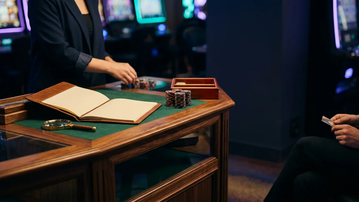 Illustrasjon av en casinokasse med en dokumentmappe, et forstørrelsesglass og en stabel sjetonger