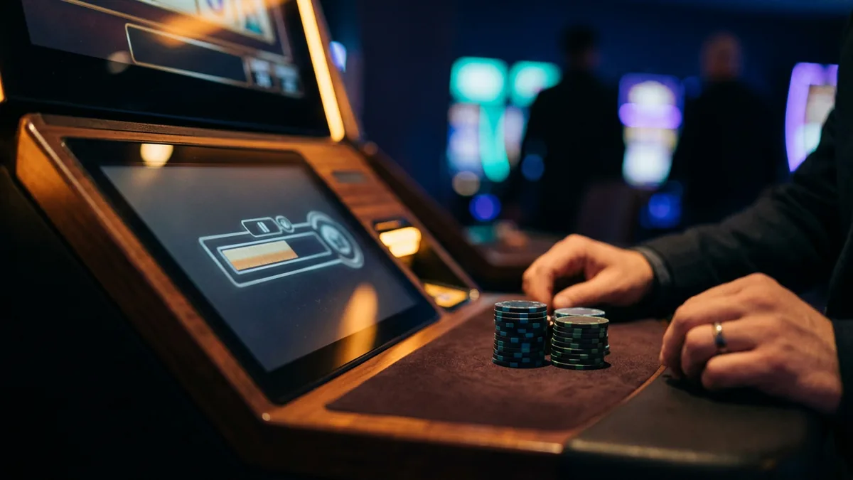 Illustrasjon av en spilleautomat med en grensemåler ved siden av to stabler med casinosjetonger