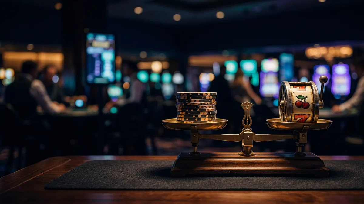 Spillesjetonger på en vekt som balanserer mot en hjulrull fra en spilleautomat, symbol for omsetningskrav